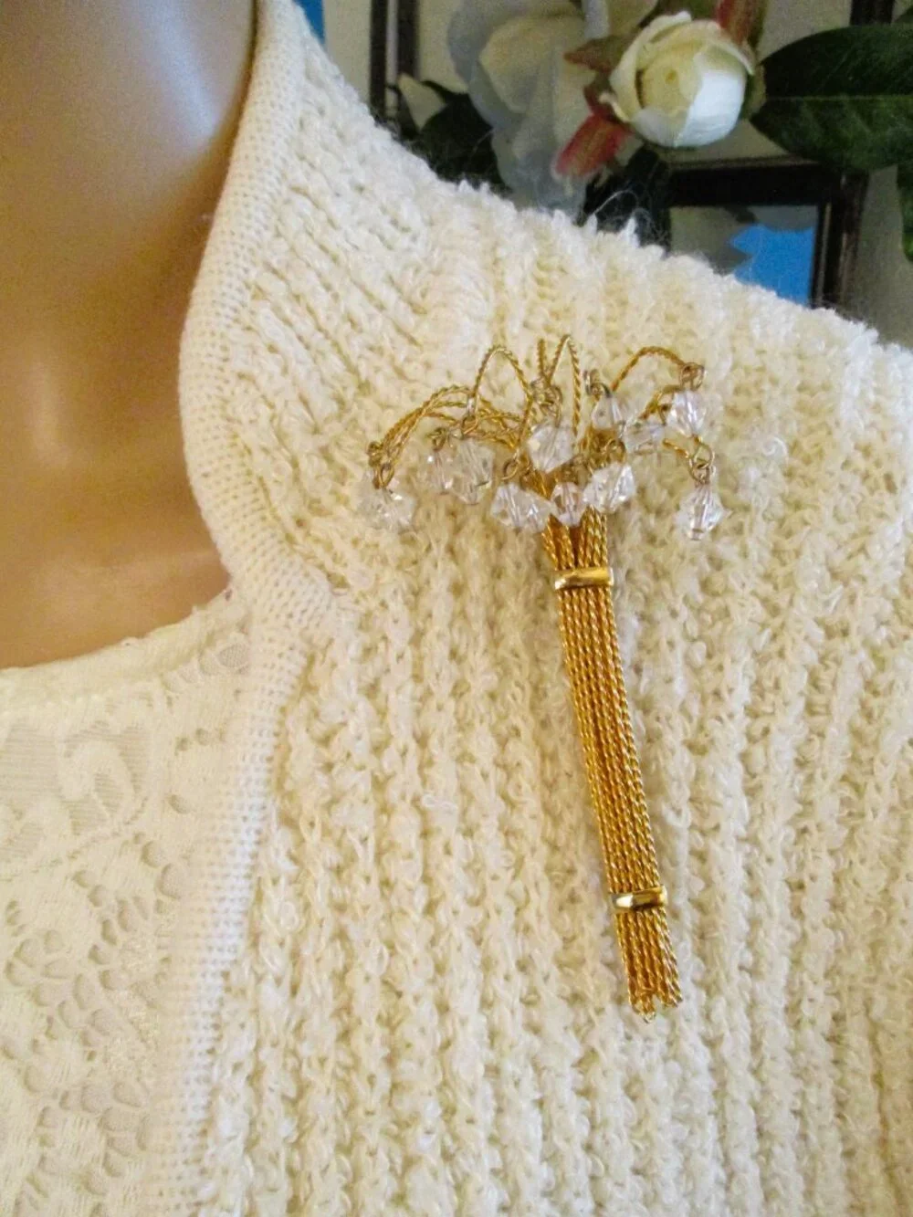 VINTAGE Fountain Spray Brooch: Gold Plate Crystal Dangle Statement Jewelry